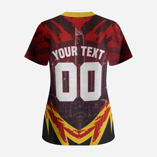 Personalised Gold Coast Suns Football Scrub Top Electric Red Flame Mascot Charging Cityscape