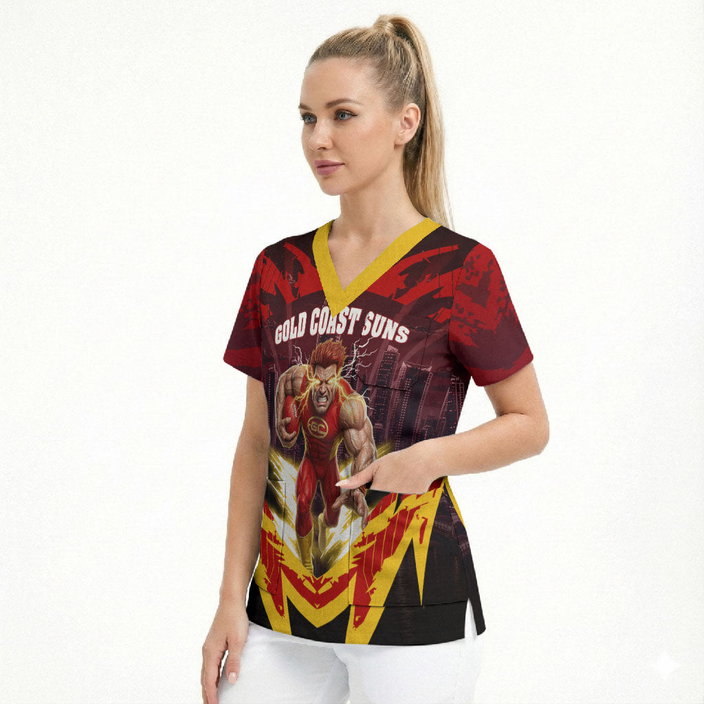 Personalised Gold Coast Suns Football Scrub Top Electric Red Flame Mascot Charging Cityscape