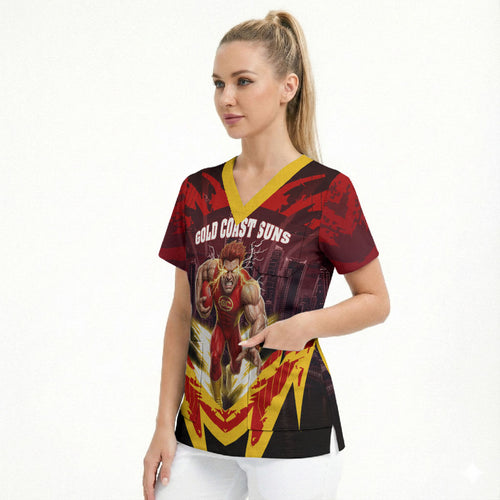 Personalised Gold Coast Suns Football Scrub Top Electric Red Flame Mascot Charging Cityscape