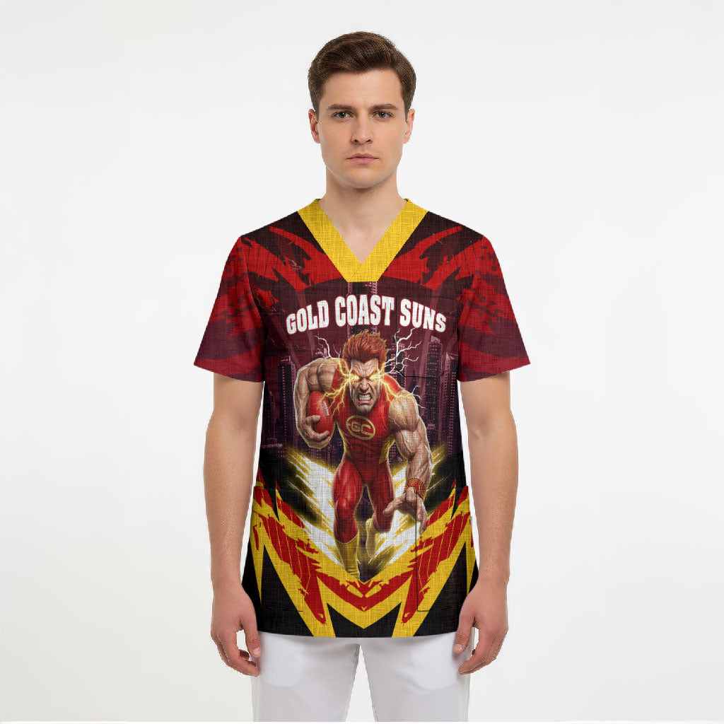 Personalised Gold Coast Suns Football Scrub Top Electric Red Flame Mascot Charging Cityscape