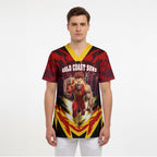 Personalised Gold Coast Suns Football Scrub Top Electric Red Flame Mascot Charging Cityscape