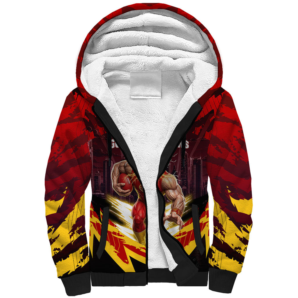 Personalised Gold Coast Suns Football Sherpa Hoodie Electric Red Flame Mascot Charging Cityscape
