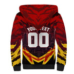 Personalised Gold Coast Suns Football Sherpa Hoodie Electric Red Flame Mascot Charging Cityscape