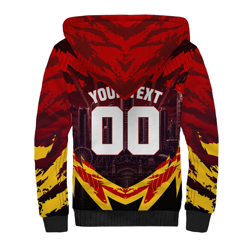 Personalised Gold Coast Suns Football Sherpa Hoodie Electric Red Flame Mascot Charging Cityscape