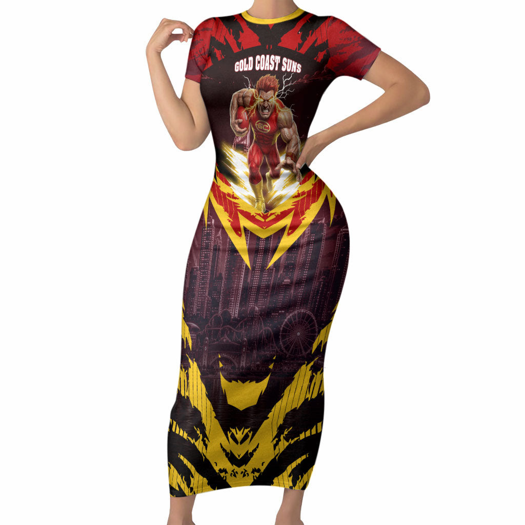 Personalised Gold Coast Suns Football Short Sleeve Bodycon Dress Electric Red Flame Mascot Charging Cityscape