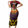 Personalised Gold Coast Suns Football Short Sleeve Bodycon Dress Electric Red Flame Mascot Charging Cityscape