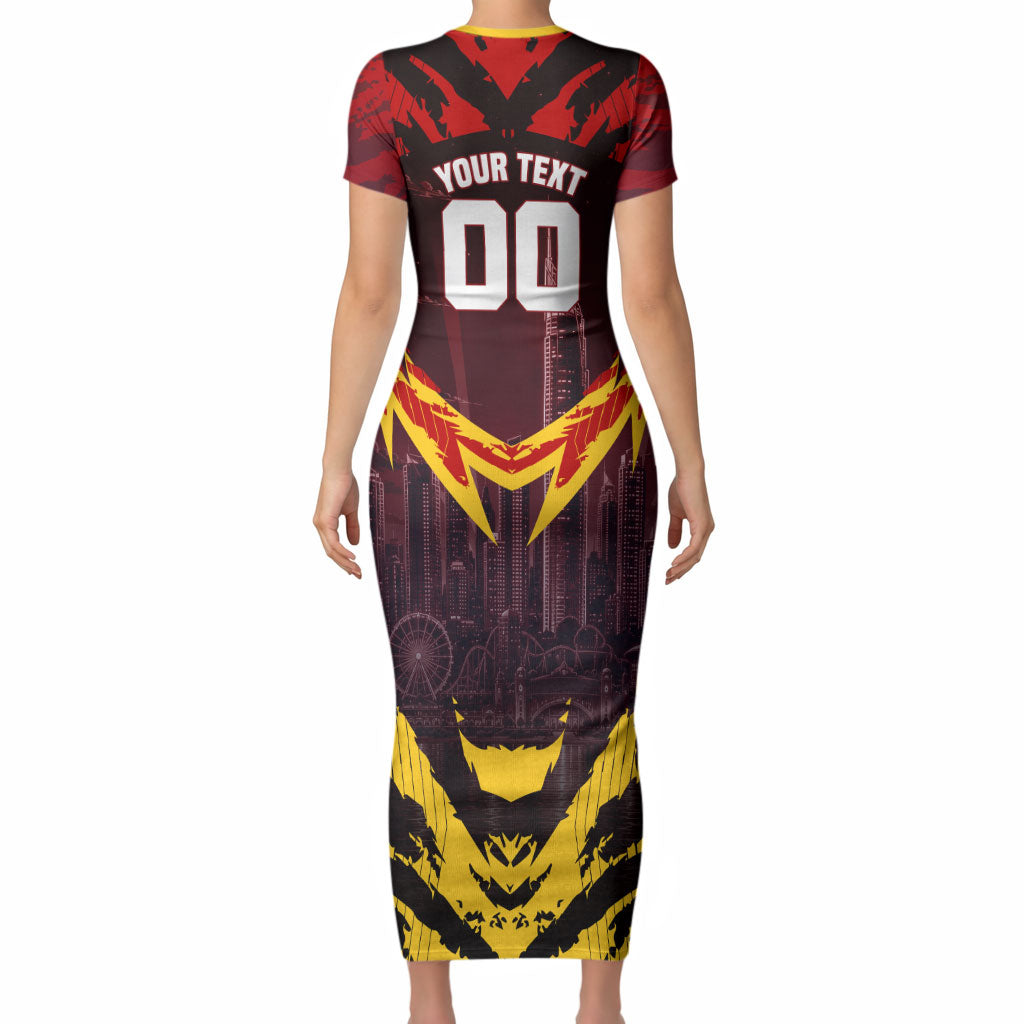 Personalised Gold Coast Suns Football Short Sleeve Bodycon Dress Electric Red Flame Mascot Charging Cityscape
