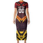 Personalised Gold Coast Suns Football Short Sleeve Bodycon Dress Electric Red Flame Mascot Charging Cityscape