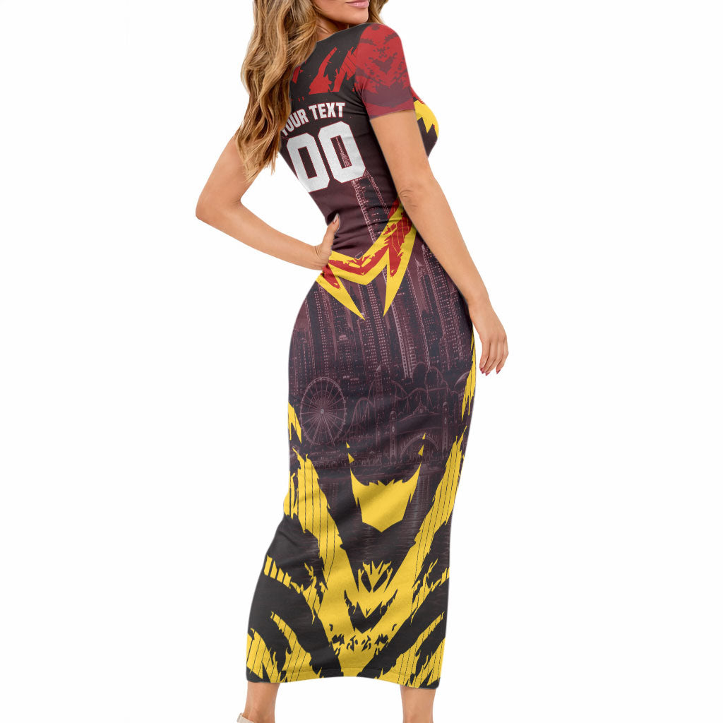 Personalised Gold Coast Suns Football Short Sleeve Bodycon Dress Electric Red Flame Mascot Charging Cityscape