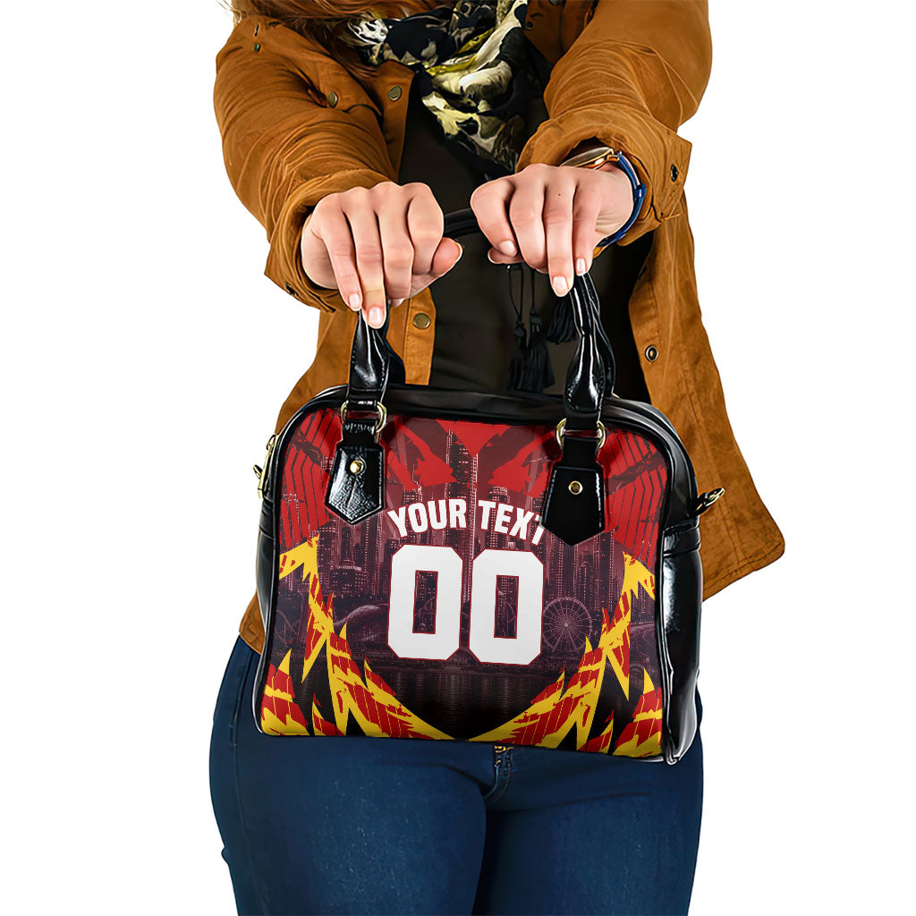 Personalised Gold Coast Suns Football Shoulder Handbag Electric Red Flame Mascot Charging Cityscape