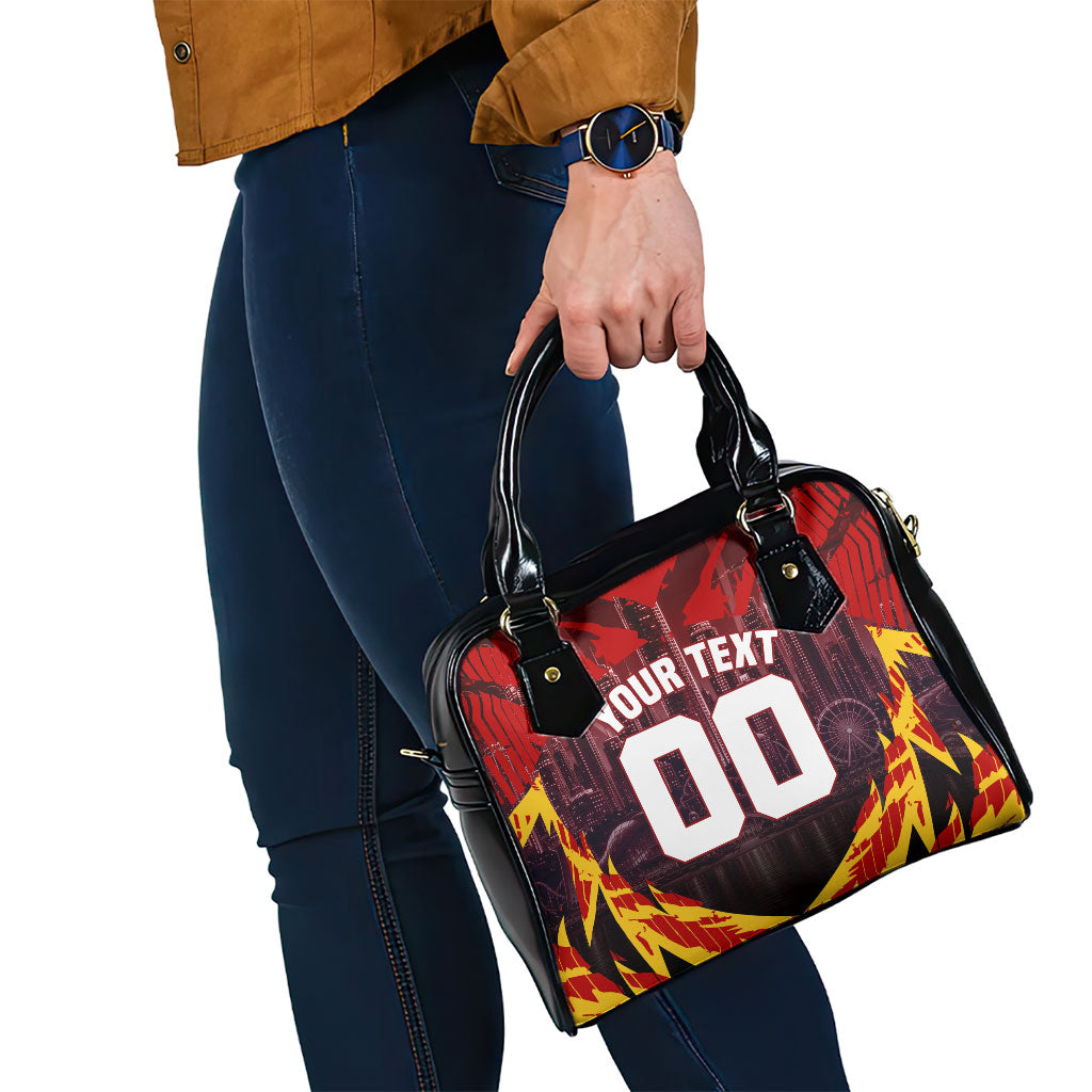 Personalised Gold Coast Suns Football Shoulder Handbag Electric Red Flame Mascot Charging Cityscape