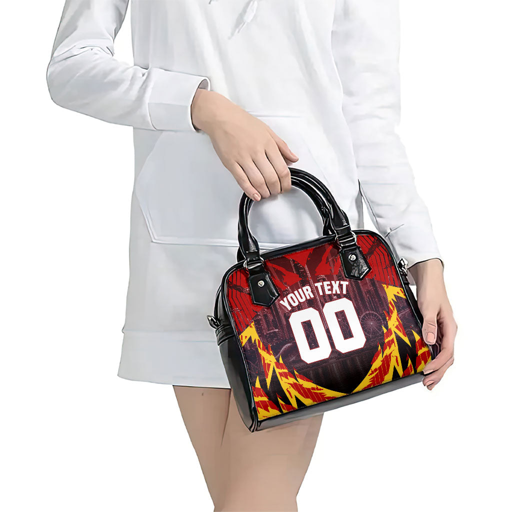 Personalised Gold Coast Suns Football Shoulder Handbag Electric Red Flame Mascot Charging Cityscape