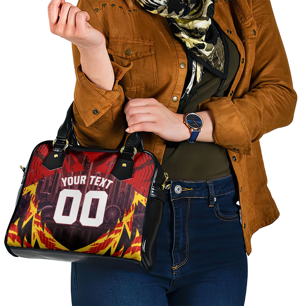 Personalised Gold Coast Suns Football Shoulder Handbag Electric Red Flame Mascot Charging Cityscape