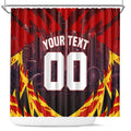 Personalised Gold Coast Suns Football Shower Curtain Electric Red Flame Mascot Charging Cityscape