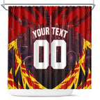Personalised Gold Coast Suns Football Shower Curtain Electric Red Flame Mascot Charging Cityscape