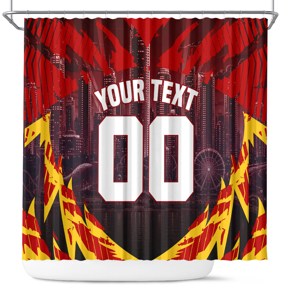 Personalised Gold Coast Suns Football Shower Curtain Electric Red Flame Mascot Charging Cityscape