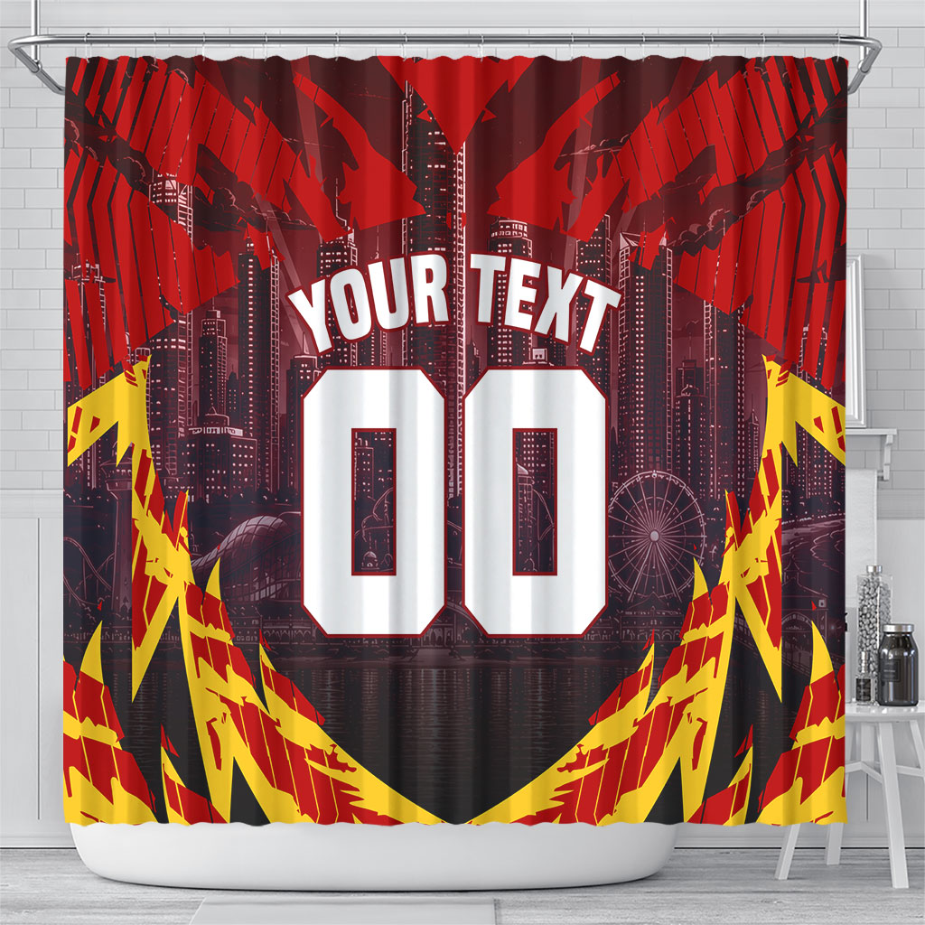 Personalised Gold Coast Suns Football Shower Curtain Electric Red Flame Mascot Charging Cityscape