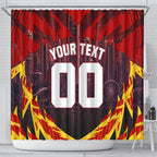 Personalised Gold Coast Suns Football Shower Curtain Electric Red Flame Mascot Charging Cityscape