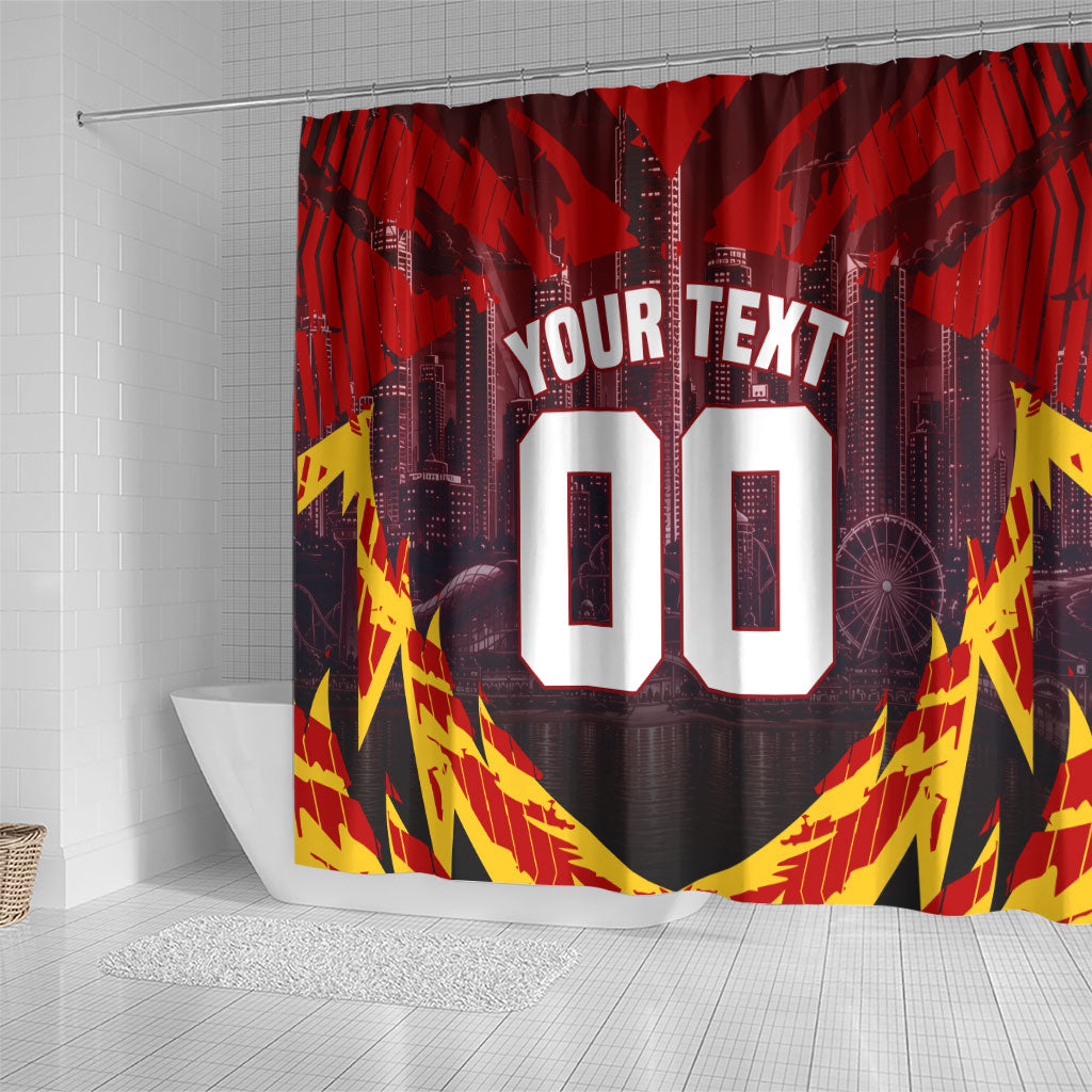 Personalised Gold Coast Suns Football Shower Curtain Electric Red Flame Mascot Charging Cityscape