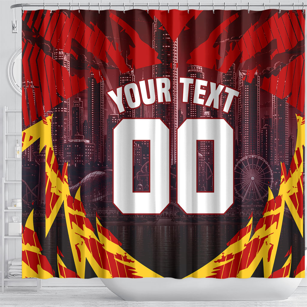 Personalised Gold Coast Suns Football Shower Curtain Electric Red Flame Mascot Charging Cityscape