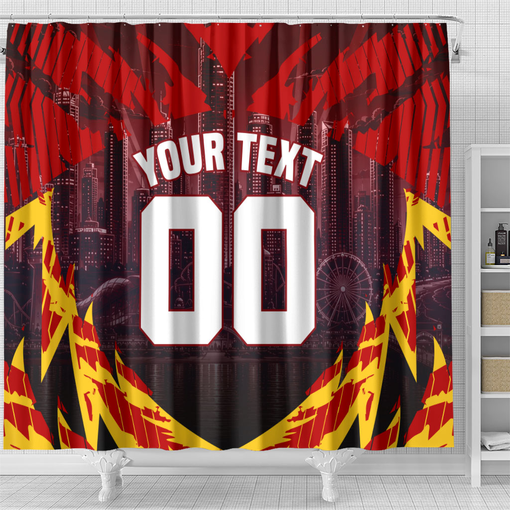 Personalised Gold Coast Suns Football Shower Curtain Electric Red Flame Mascot Charging Cityscape