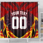 Personalised Gold Coast Suns Football Shower Curtain Electric Red Flame Mascot Charging Cityscape