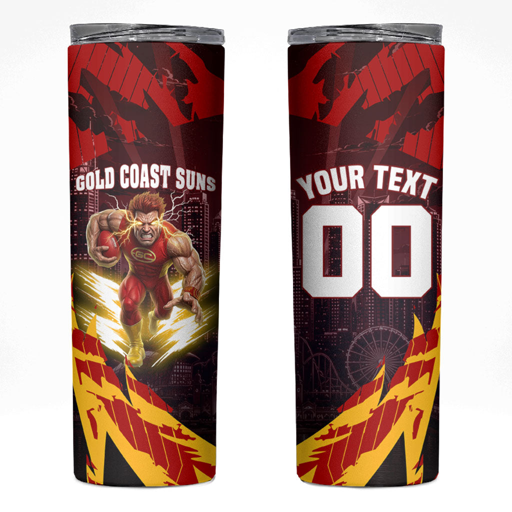 Personalised Gold Coast Suns Football Skinny Tumbler Electric Red Flame Mascot Charging Cityscape
