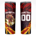 Personalised Gold Coast Suns Football Skinny Tumbler Electric Red Flame Mascot Charging Cityscape