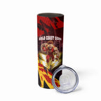 Personalised Gold Coast Suns Football Skinny Tumbler Electric Red Flame Mascot Charging Cityscape