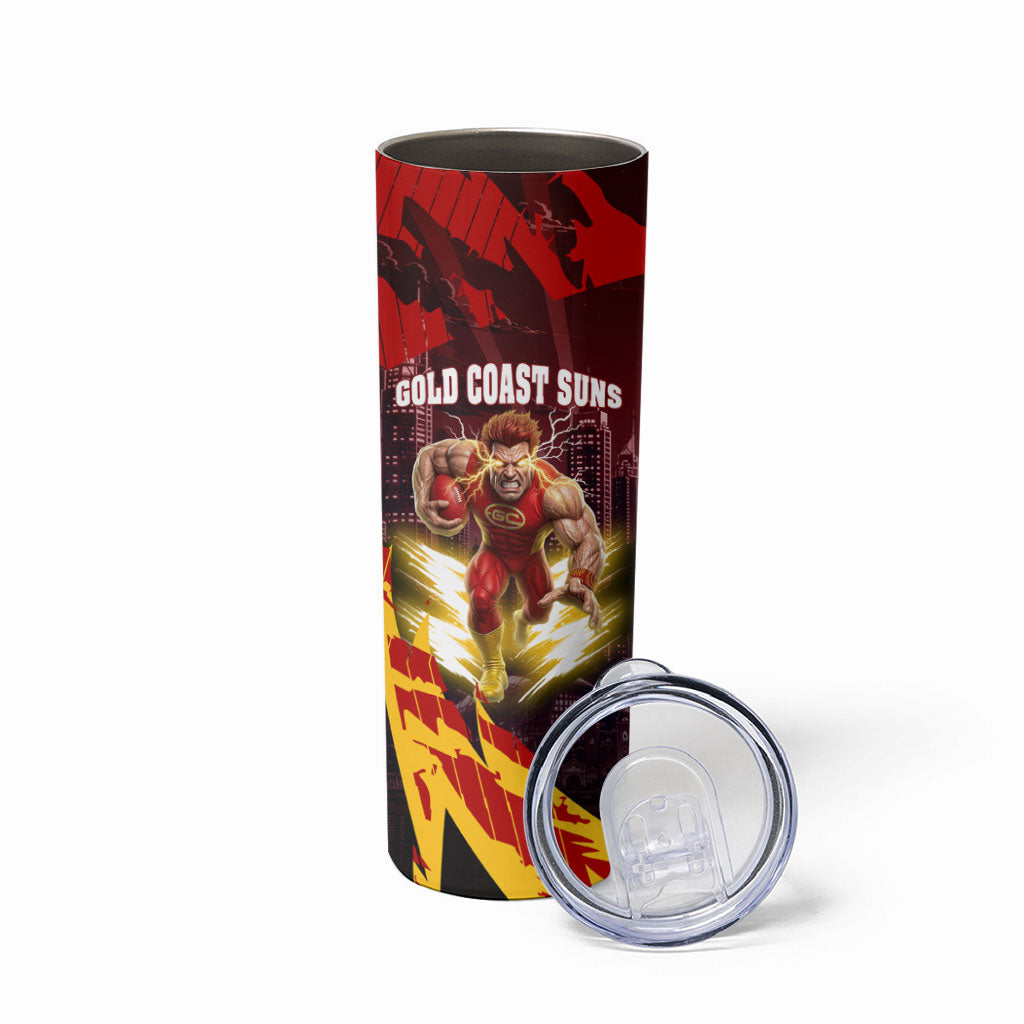 Personalised Gold Coast Suns Football Skinny Tumbler Electric Red Flame Mascot Charging Cityscape