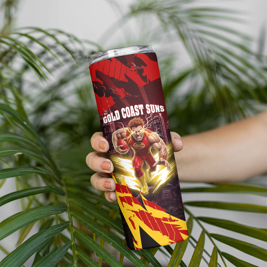 Personalised Gold Coast Suns Football Skinny Tumbler Electric Red Flame Mascot Charging Cityscape