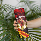 Personalised Gold Coast Suns Football Skinny Tumbler Electric Red Flame Mascot Charging Cityscape