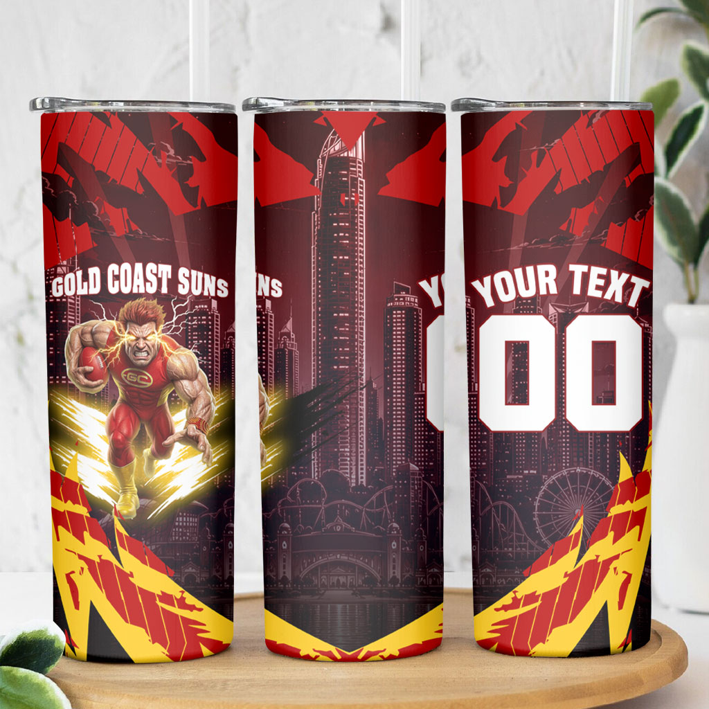 Personalised Gold Coast Suns Football Skinny Tumbler Electric Red Flame Mascot Charging Cityscape