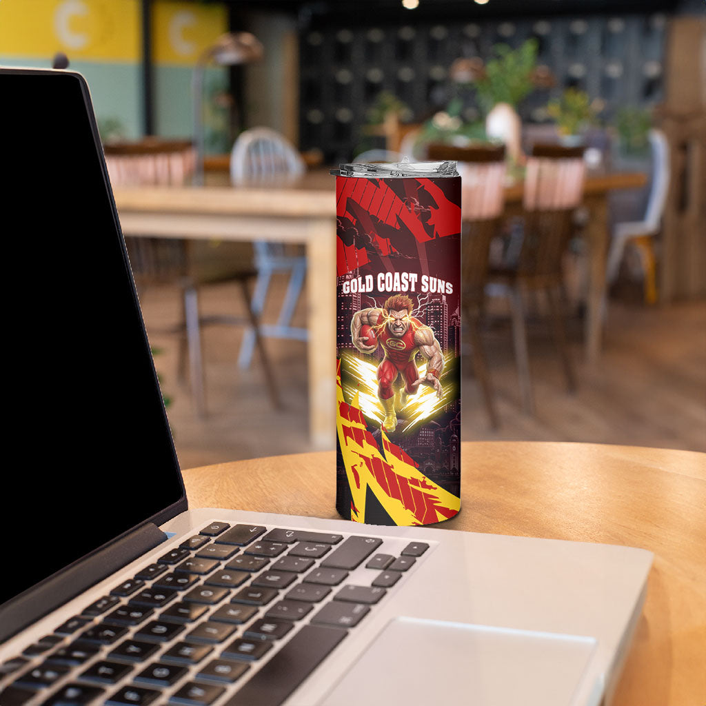 Personalised Gold Coast Suns Football Skinny Tumbler Electric Red Flame Mascot Charging Cityscape
