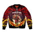 Personalised Gold Coast Suns Football Sleeve Zip Bomber Jacket Electric Red Flame Mascot Charging Cityscape