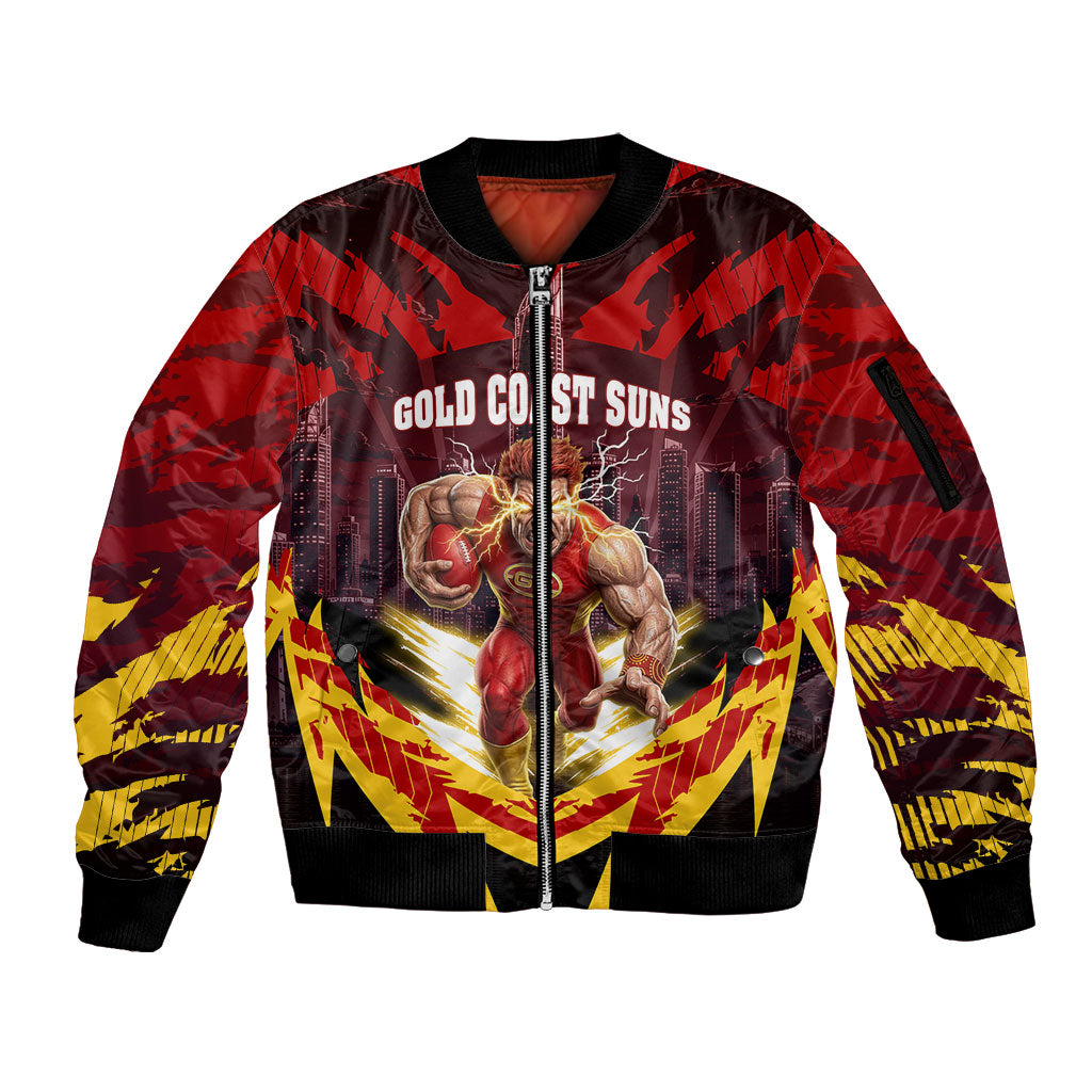 Personalised Gold Coast Suns Football Sleeve Zip Bomber Jacket Electric Red Flame Mascot Charging Cityscape