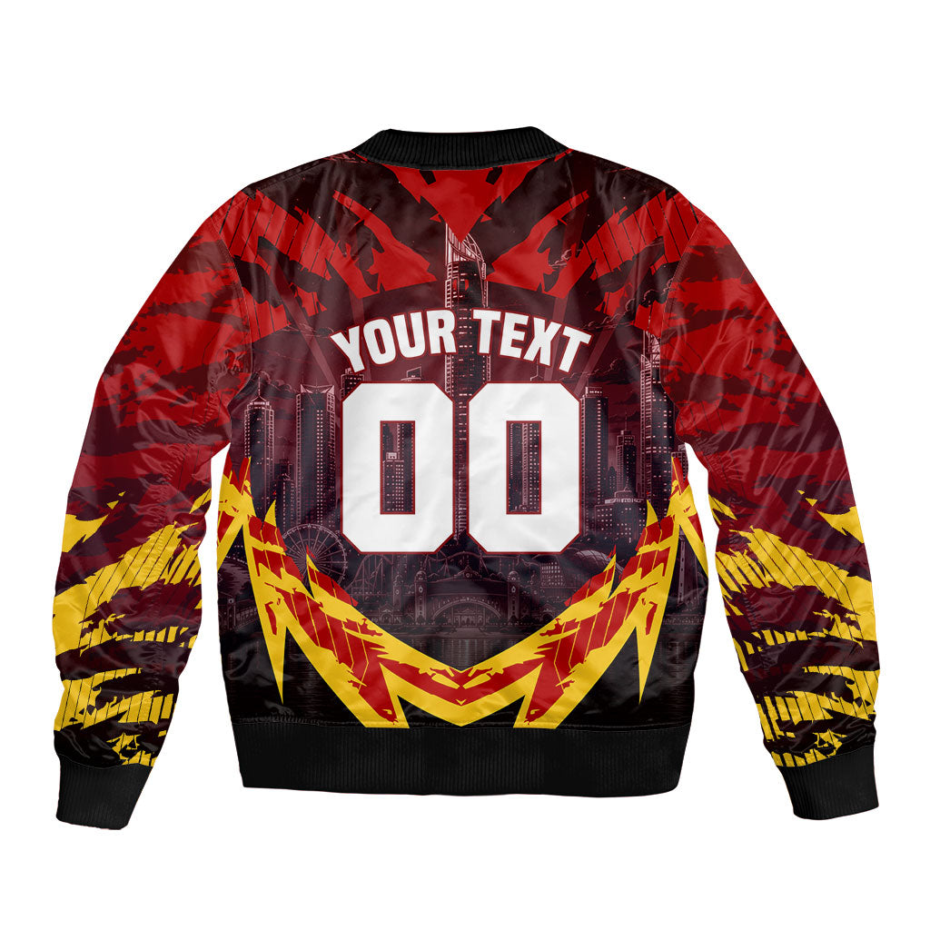 Personalised Gold Coast Suns Football Sleeve Zip Bomber Jacket Electric Red Flame Mascot Charging Cityscape