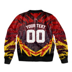 Personalised Gold Coast Suns Football Sleeve Zip Bomber Jacket Electric Red Flame Mascot Charging Cityscape