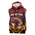 Personalised Gold Coast Suns Football Sleeveless Hoodie Electric Red Flame Mascot Charging Cityscape