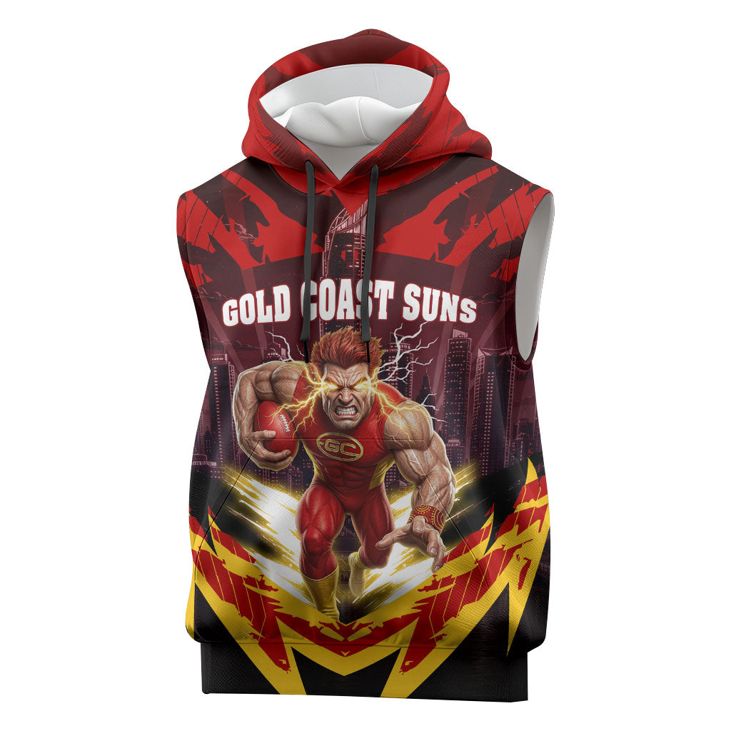 Personalised Gold Coast Suns Football Sleeveless Hoodie Electric Red Flame Mascot Charging Cityscape