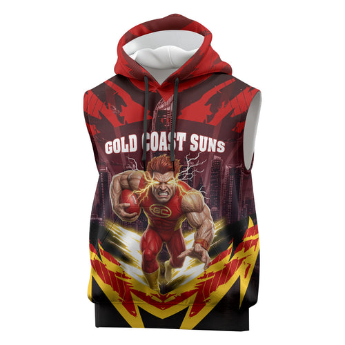 Personalised Gold Coast Suns Football Sleeveless Hoodie Electric Red Flame Mascot Charging Cityscape