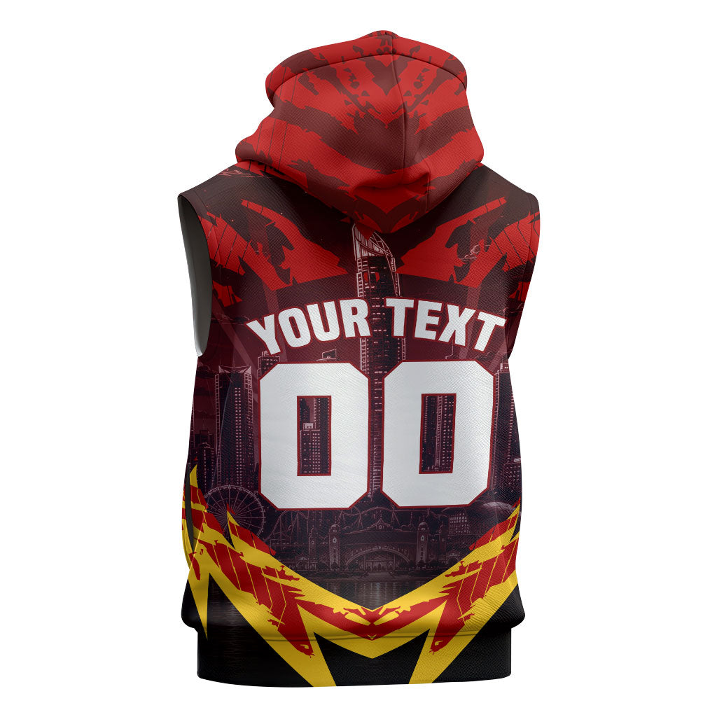Personalised Gold Coast Suns Football Sleeveless Hoodie Electric Red Flame Mascot Charging Cityscape