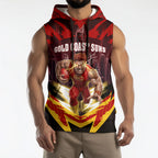 Personalised Gold Coast Suns Football Sleeveless Hoodie Electric Red Flame Mascot Charging Cityscape