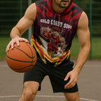 Personalised Gold Coast Suns Football Sleeveless Hoodie Electric Red Flame Mascot Charging Cityscape