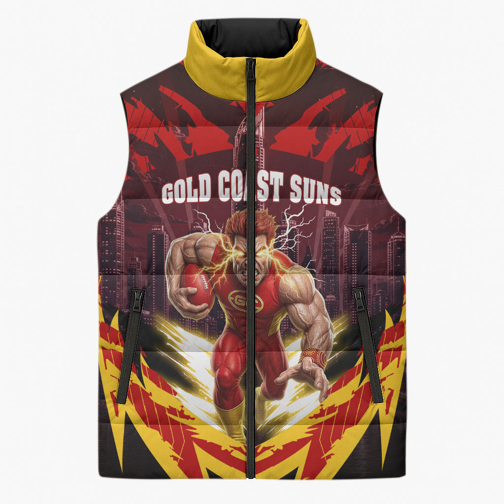 Personalised Gold Coast Suns Football Sleeveless Puffer Jacket Electric Red Flame Mascot Charging Cityscape