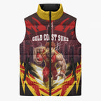 Personalised Gold Coast Suns Football Sleeveless Puffer Jacket Electric Red Flame Mascot Charging Cityscape