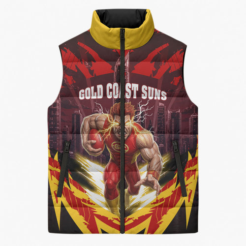 Personalised Gold Coast Suns Football Sleeveless Puffer Jacket Electric Red Flame Mascot Charging Cityscape
