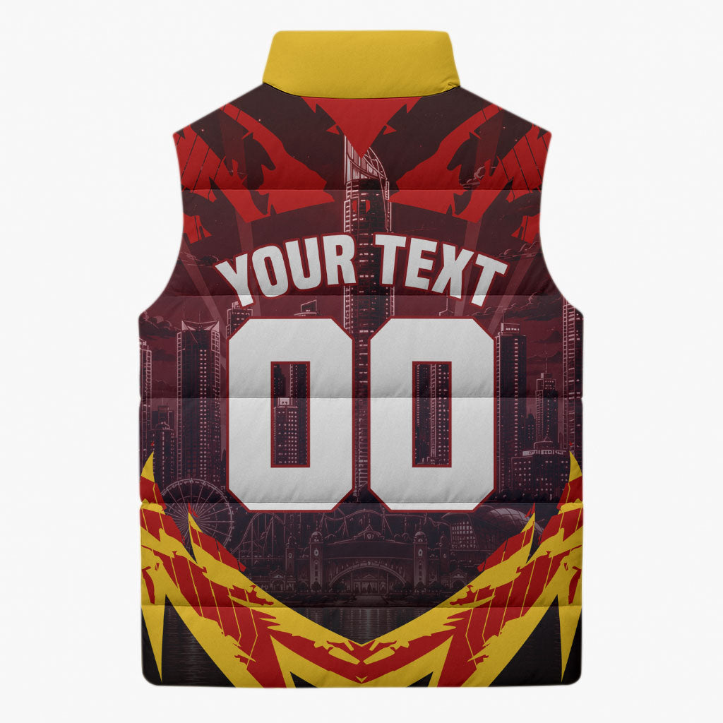 Personalised Gold Coast Suns Football Sleeveless Puffer Jacket Electric Red Flame Mascot Charging Cityscape