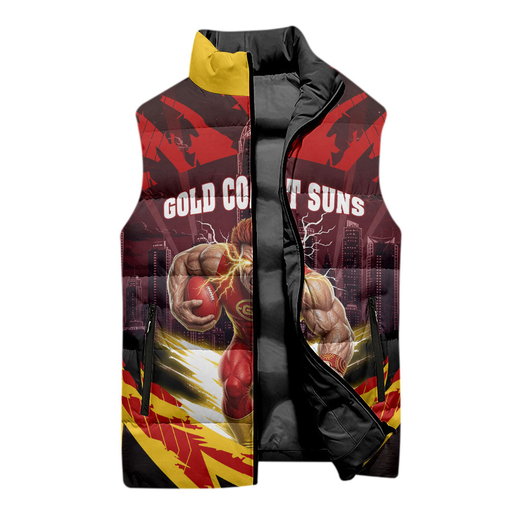 Personalised Gold Coast Suns Football Sleeveless Puffer Jacket Electric Red Flame Mascot Charging Cityscape