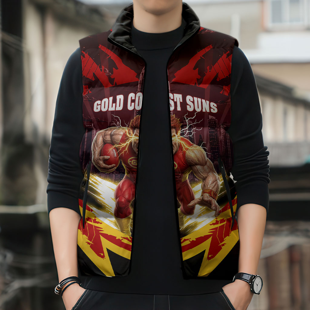 Personalised Gold Coast Suns Football Sleeveless Puffer Jacket Electric Red Flame Mascot Charging Cityscape